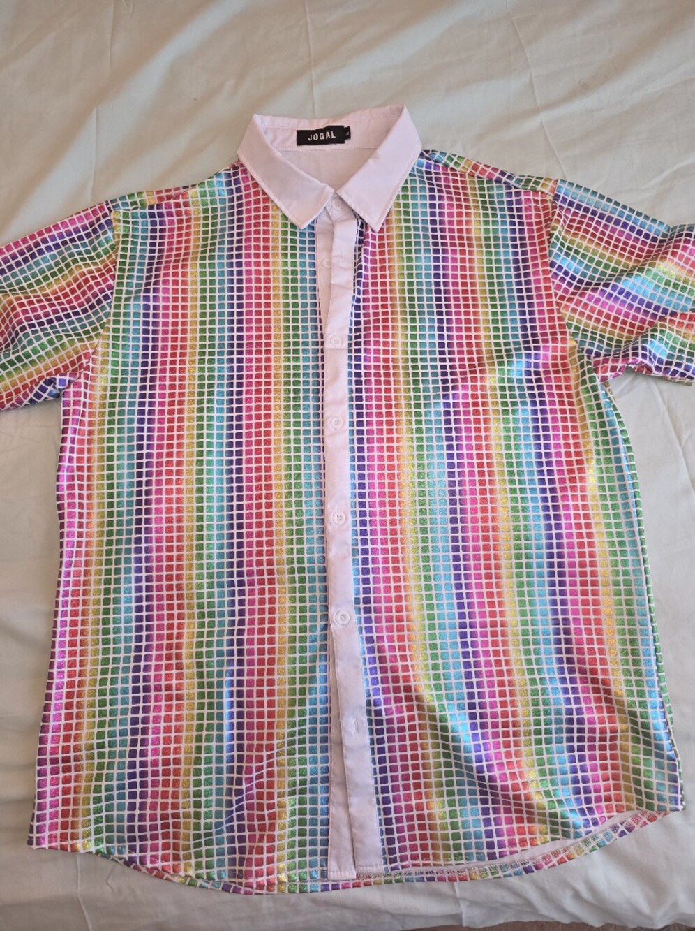 JOGAL Men’s Metallic Rainbow Grid Button Down Shirt Disco Festival Size L